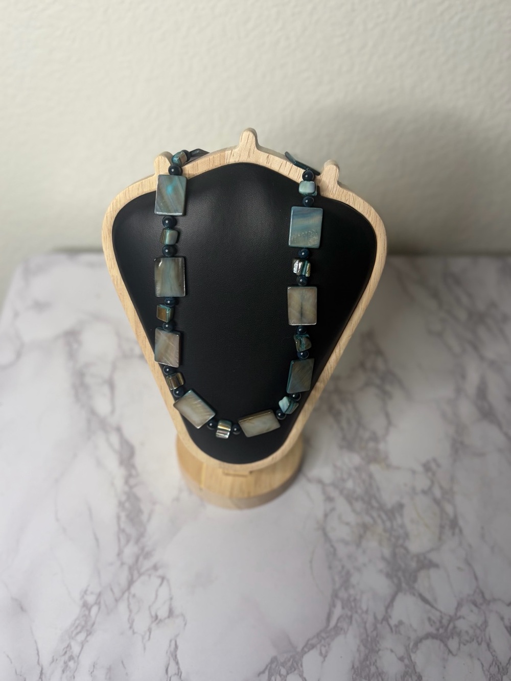 Blue Rectangle Beaded Necklace-possibly Mother of Pearl